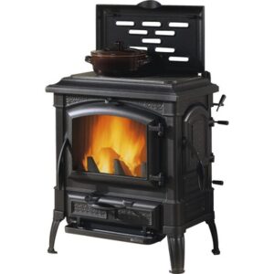 Poêle cheminée Nordica Extraflame Isetta avec plaque de cuisson en fonte noire 7,7 kW
