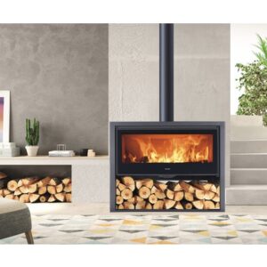 Poêle Panadero Chopin en acier noir 8,9 kW avec compartiment à bois